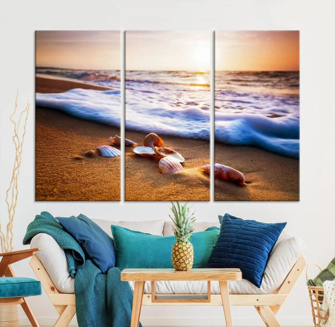 Beach Seashells and Waves Triptych Wall Art, Coastal Giclee Canvas Print with Gallery Wrap, Ocean Sunset Decor