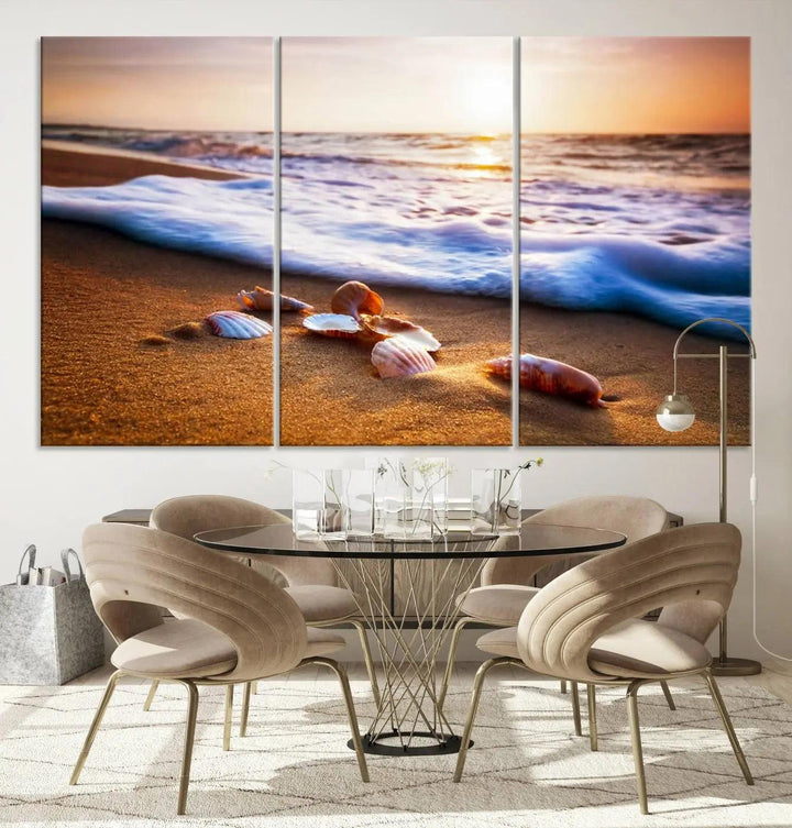 Beach Seashells and Waves Triptych Wall Art, Coastal Giclee Canvas Print with Gallery Wrap, Ocean Sunset Decor