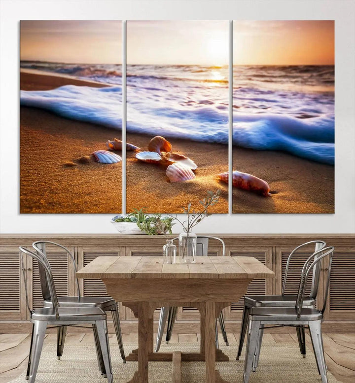 Beach Seashells and Waves Triptych Wall Art, Coastal Giclee Canvas Print with Gallery Wrap, Ocean Sunset Decor