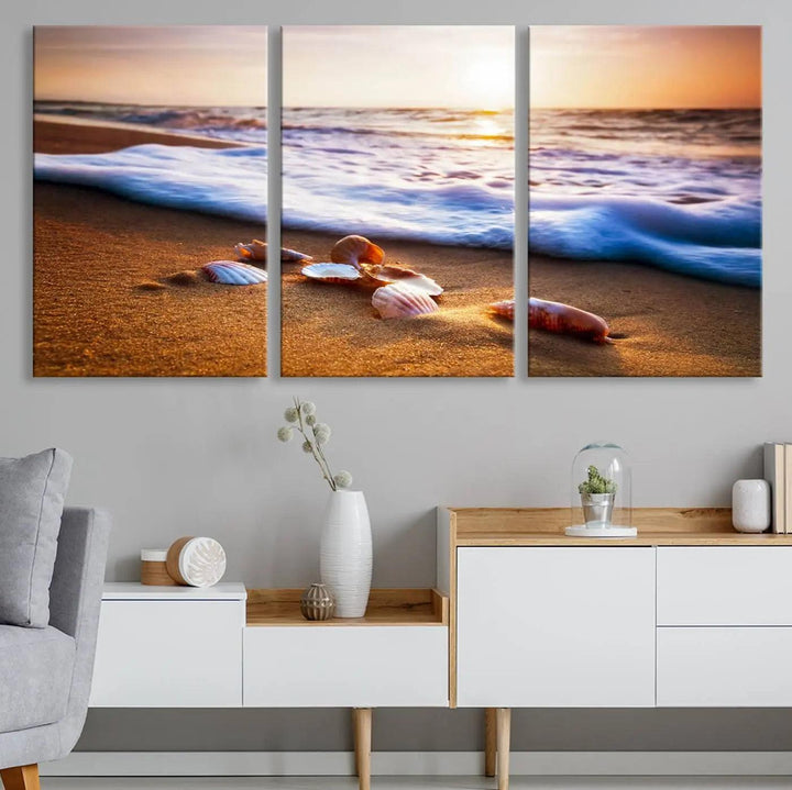 Beach Seashells and Waves Triptych Wall Art, Coastal Giclee Canvas Print with Gallery Wrap, Ocean Sunset Decor