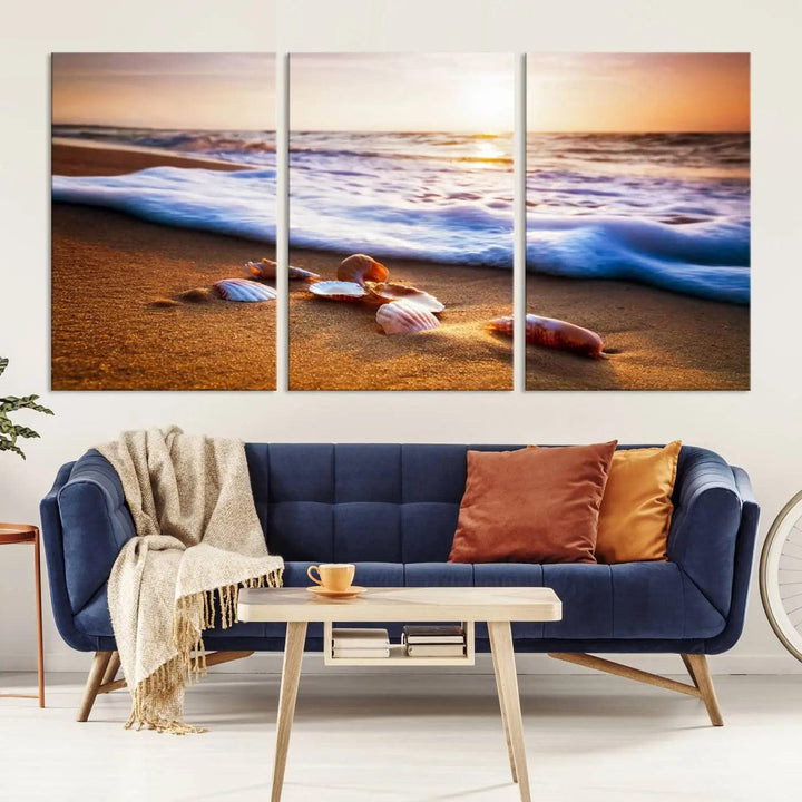 Beach Seashells and Waves Triptych Wall Art, Coastal Giclee Canvas Print with Gallery Wrap, Ocean Sunset Decor