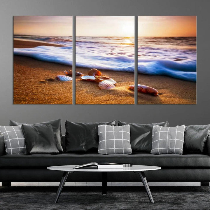 Beach Seashells and Waves Triptych Wall Art, Coastal Giclee Canvas Print with Gallery Wrap, Ocean Sunset Decor