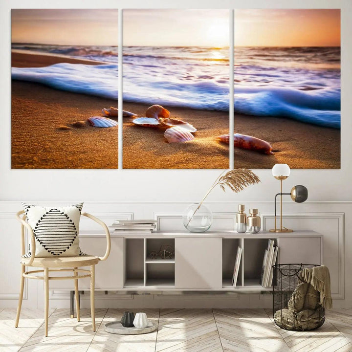 Beach Seashells and Waves Triptych Wall Art, Coastal Giclee Canvas Print with Gallery Wrap, Ocean Sunset Decor