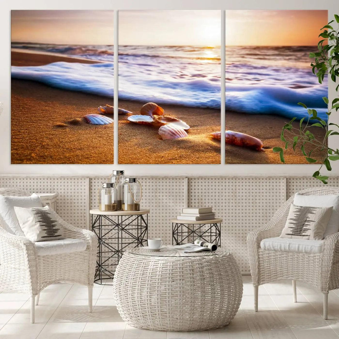 Beach Seashells and Waves Triptych Wall Art, Coastal Giclee Canvas Print with Gallery Wrap, Ocean Sunset Decor