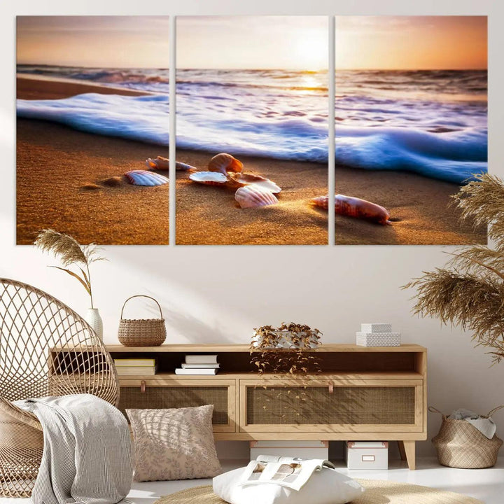 Beach Seashells and Waves Triptych Wall Art, Coastal Giclee Canvas Print with Gallery Wrap, Ocean Sunset Decor