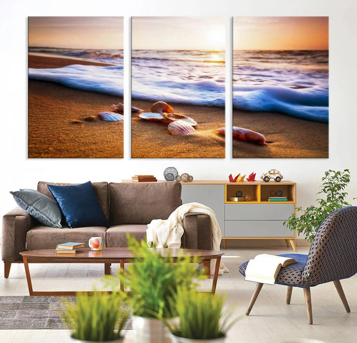 Beach Seashells and Waves Triptych Wall Art, Coastal Giclee Canvas Print with Gallery Wrap, Ocean Sunset Decor