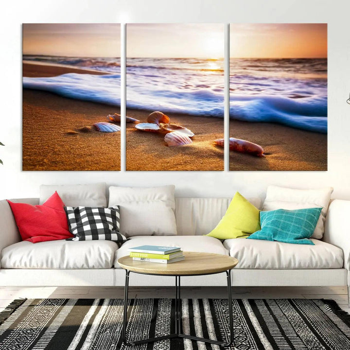 Beach Seashells and Waves Triptych Wall Art, Coastal Giclee Canvas Print with Gallery Wrap, Ocean Sunset Decor