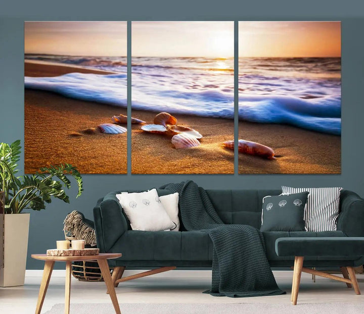 Beach Seashells and Waves Triptych Wall Art, Coastal Giclee Canvas Print with Gallery Wrap, Ocean Sunset Decor