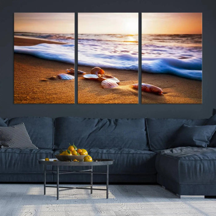 Beach Seashells and Waves Triptych Wall Art, Coastal Giclee Canvas Print with Gallery Wrap, Ocean Sunset Decor