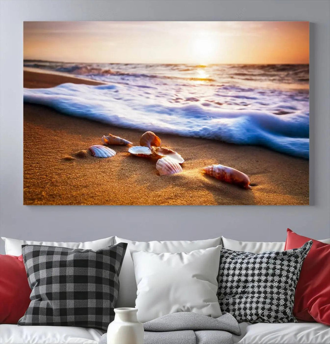 Beach Seashells and Waves Triptych Wall Art, Coastal Giclee Canvas Print with Gallery Wrap, Ocean Sunset Decor