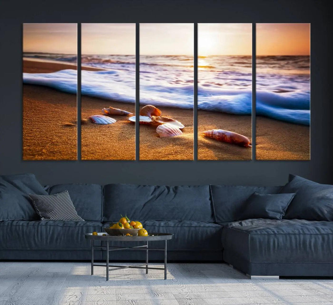 Beach Seashells and Waves Triptych Wall Art, Coastal Giclee Canvas Print with Gallery Wrap, Ocean Sunset Decor