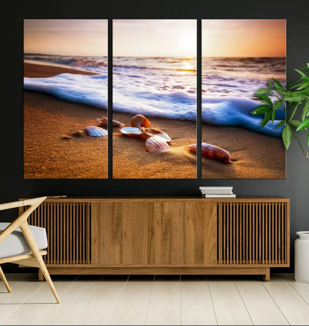 Beach Seashells and Waves Triptych Wall Art, Coastal Giclee Canvas Print with Gallery Wrap, Ocean Sunset Decor