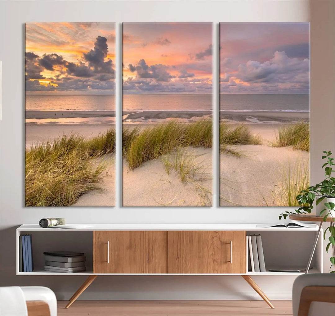 A triptych of serene sunset beach wall art graces the living room, with its museum-quality canvas accentuating the space. Each piece from the Beach Wall Art Canvas Print Sunset Artwork Print Coastal Wall Art collection comes ready to hang and features a UV-protective coating for lasting beauty.