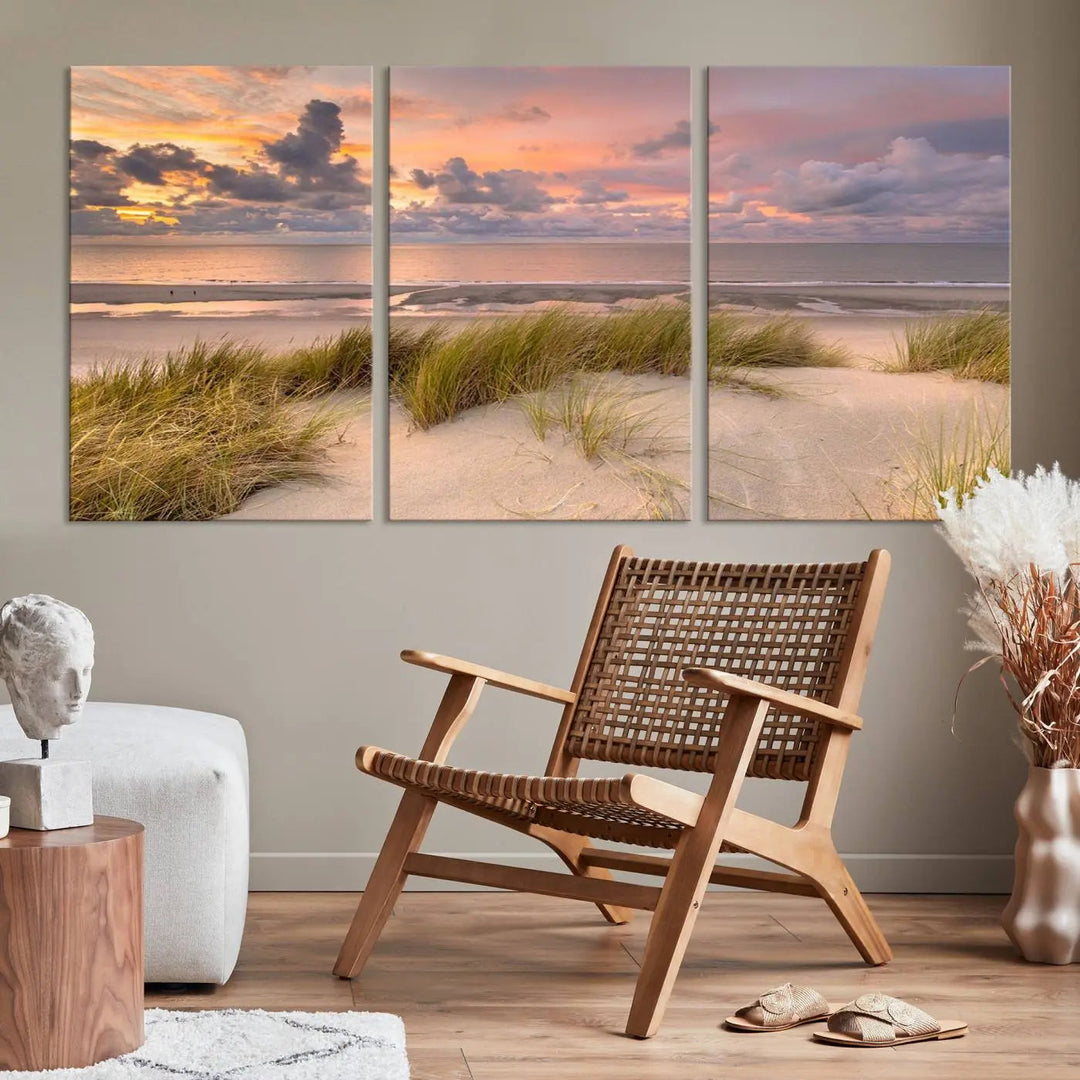 A triptych of serene sunset beach wall art graces the living room, with its museum-quality canvas accentuating the space. Each piece from the Beach Wall Art Canvas Print Sunset Artwork Print Coastal Wall Art collection comes ready to hang and features a UV-protective coating for lasting beauty.