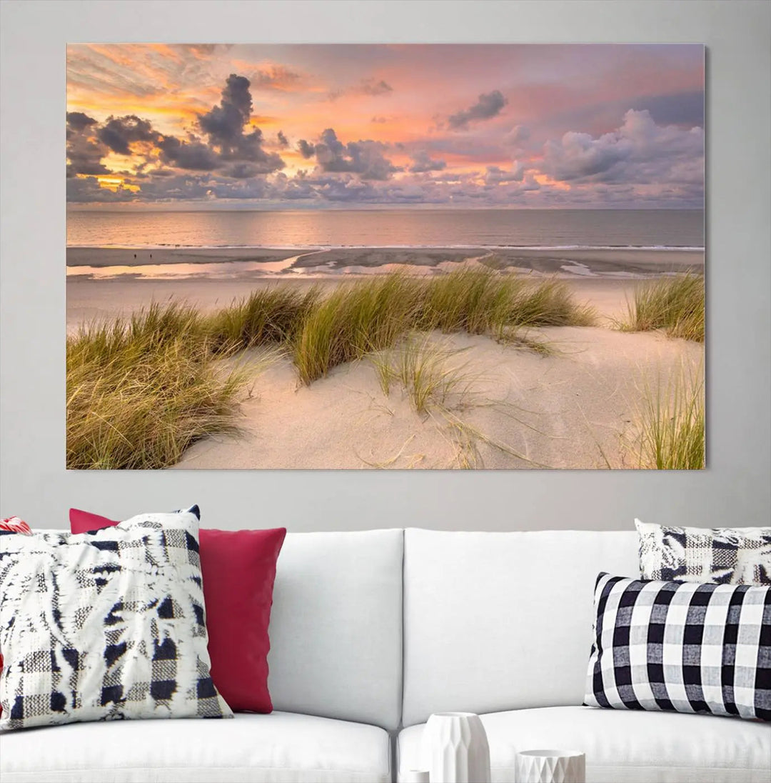 A triptych of serene sunset beach wall art graces the living room, with its museum-quality canvas accentuating the space. Each piece from the Beach Wall Art Canvas Print Sunset Artwork Print Coastal Wall Art collection comes ready to hang and features a UV-protective coating for lasting beauty.