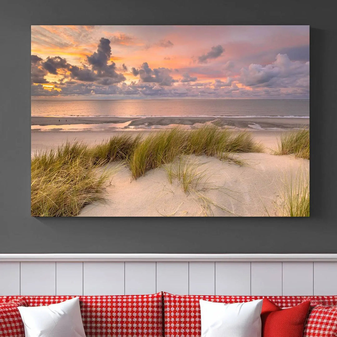 A triptych of serene sunset beach wall art graces the living room, with its museum-quality canvas accentuating the space. Each piece from the Beach Wall Art Canvas Print Sunset Artwork Print Coastal Wall Art collection comes ready to hang and features a UV-protective coating for lasting beauty.