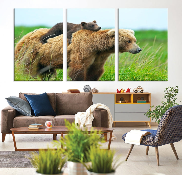 The "Bear and Cub Canvas Print" is a black and white animal wall art piece featuring a gallery wrap and UV-protective coating.