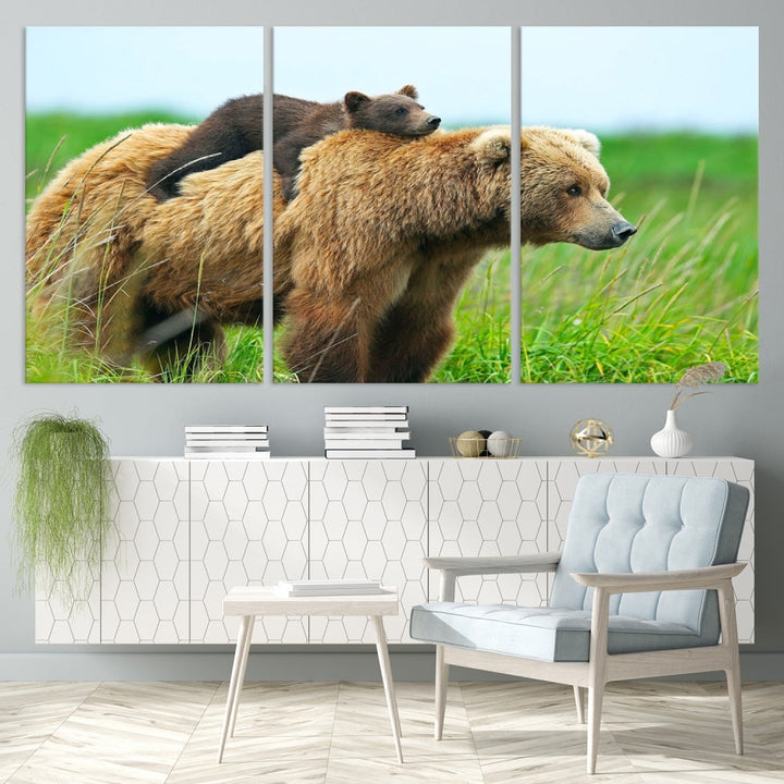 The "Bear and Cub Canvas Print" is a black and white animal wall art piece featuring a gallery wrap and UV-protective coating.