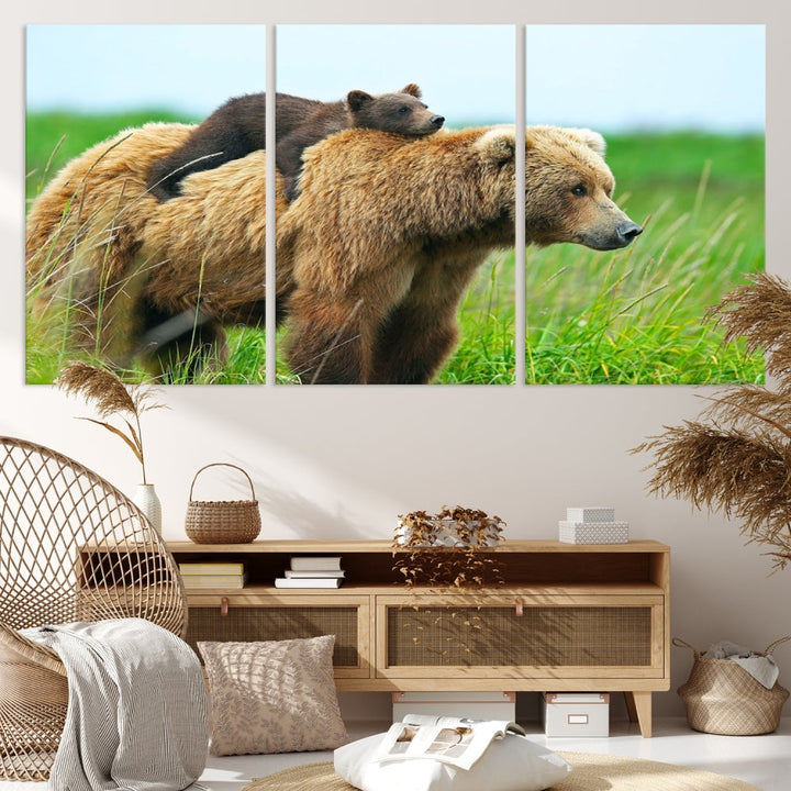 The "Bear and Cub Canvas Print" is a black and white animal wall art piece featuring a gallery wrap and UV-protective coating.