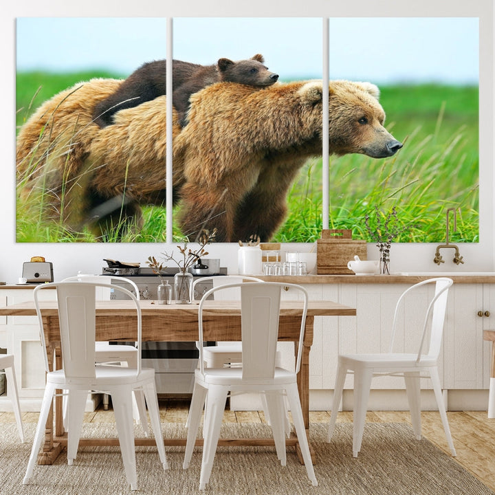 The "Bear and Cub Canvas Print" is a black and white animal wall art piece featuring a gallery wrap and UV-protective coating.