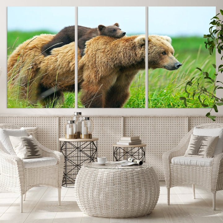 The "Bear and Cub Canvas Print" is a black and white animal wall art piece featuring a gallery wrap and UV-protective coating.