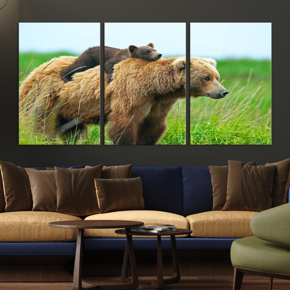 The "Bear and Cub Canvas Print" is a black and white animal wall art piece featuring a gallery wrap and UV-protective coating.