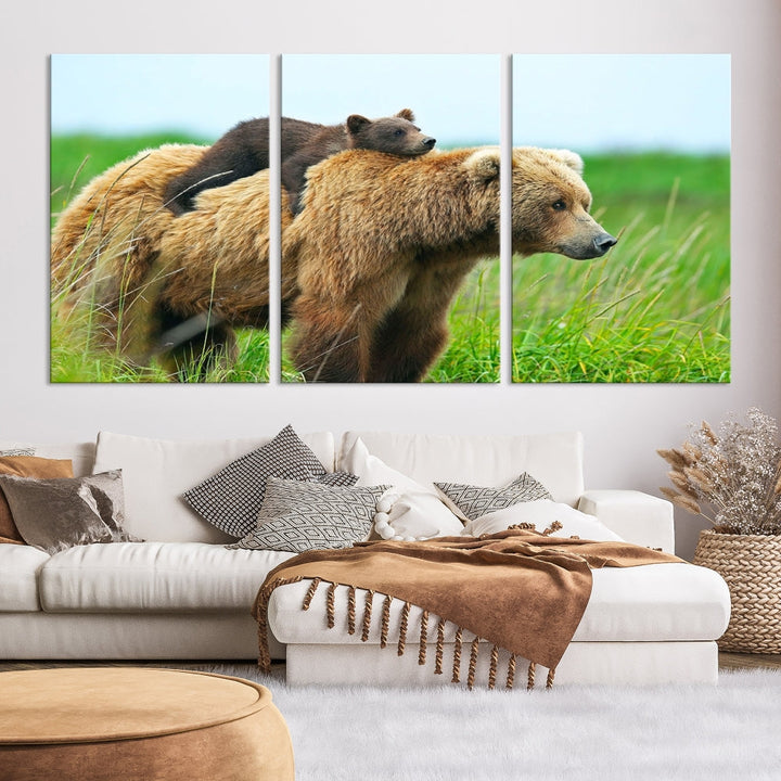 The "Bear and Cub Canvas Print" is a black and white animal wall art piece featuring a gallery wrap and UV-protective coating.