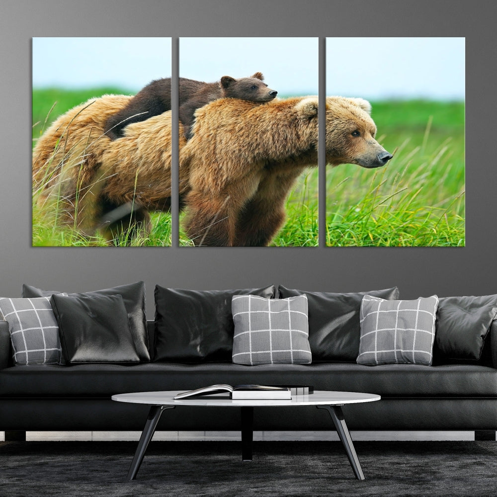 The "Bear and Cub Canvas Print" is a black and white animal wall art piece featuring a gallery wrap and UV-protective coating.