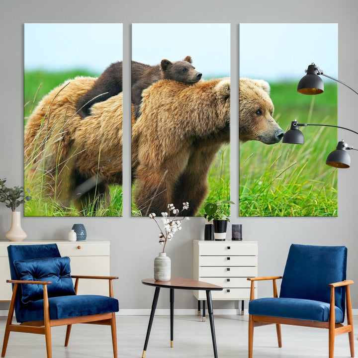 The "Bear and Cub Canvas Print" is a black and white animal wall art piece featuring a gallery wrap and UV-protective coating.