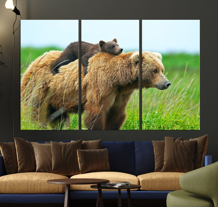 The "Bear and Cub Canvas Print" is a black and white animal wall art piece featuring a gallery wrap and UV-protective coating.