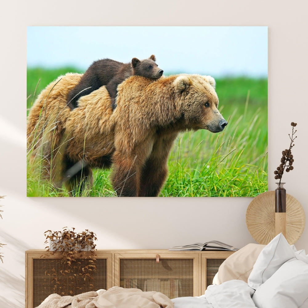 The "Bear and Cub Canvas Print" is a black and white animal wall art piece featuring a gallery wrap and UV-protective coating.