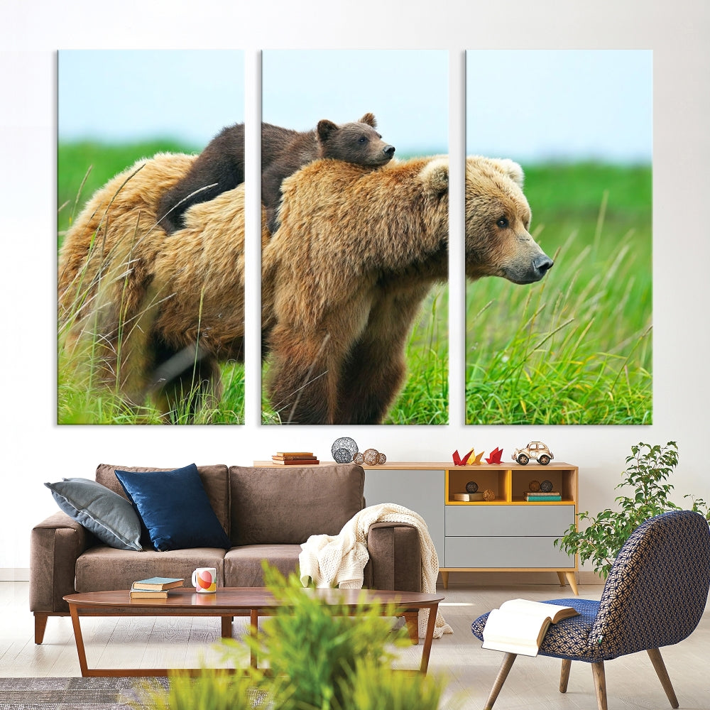 The "Bear and Cub Canvas Print" is a black and white animal wall art piece featuring a gallery wrap and UV-protective coating.