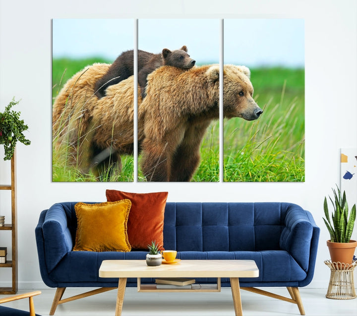 The "Bear and Cub Canvas Print" is a black and white animal wall art piece featuring a gallery wrap and UV-protective coating.