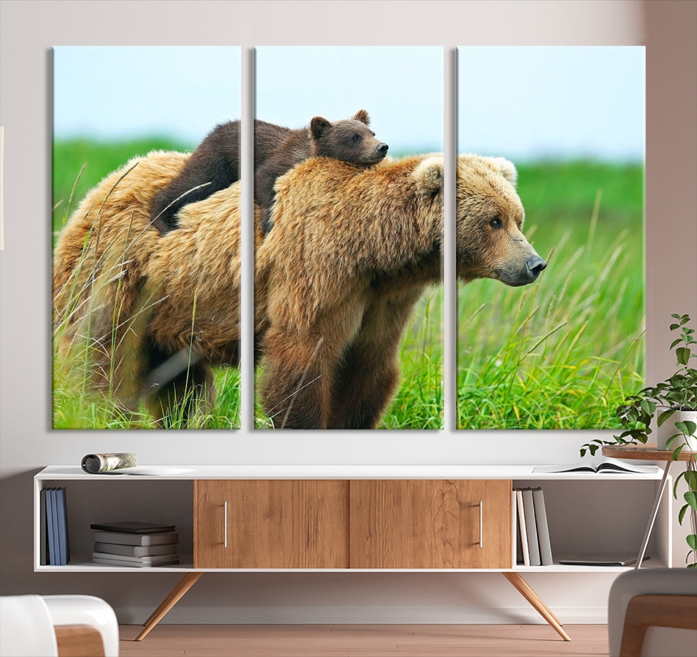 The "Bear and Cub Canvas Print" is a black and white animal wall art piece featuring a gallery wrap and UV-protective coating.