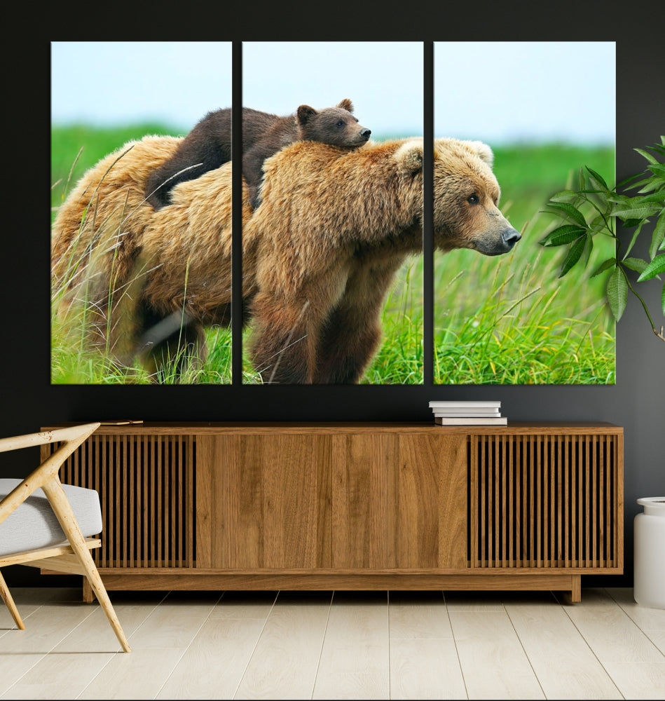 The "Bear and Cub Canvas Print" is a black and white animal wall art piece featuring a gallery wrap and UV-protective coating.