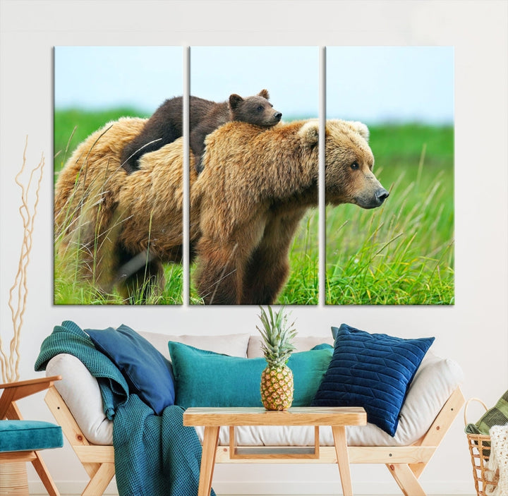 The "Bear and Cub Canvas Print" is a black and white animal wall art piece featuring a gallery wrap and UV-protective coating.