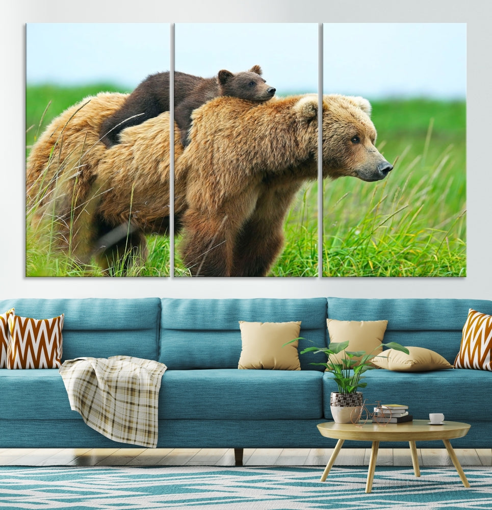 The "Bear and Cub Canvas Print" is a black and white animal wall art piece featuring a gallery wrap and UV-protective coating.