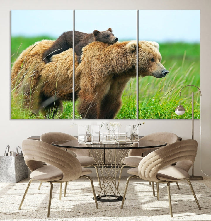 The "Bear and Cub Canvas Print" is a black and white animal wall art piece featuring a gallery wrap and UV-protective coating.