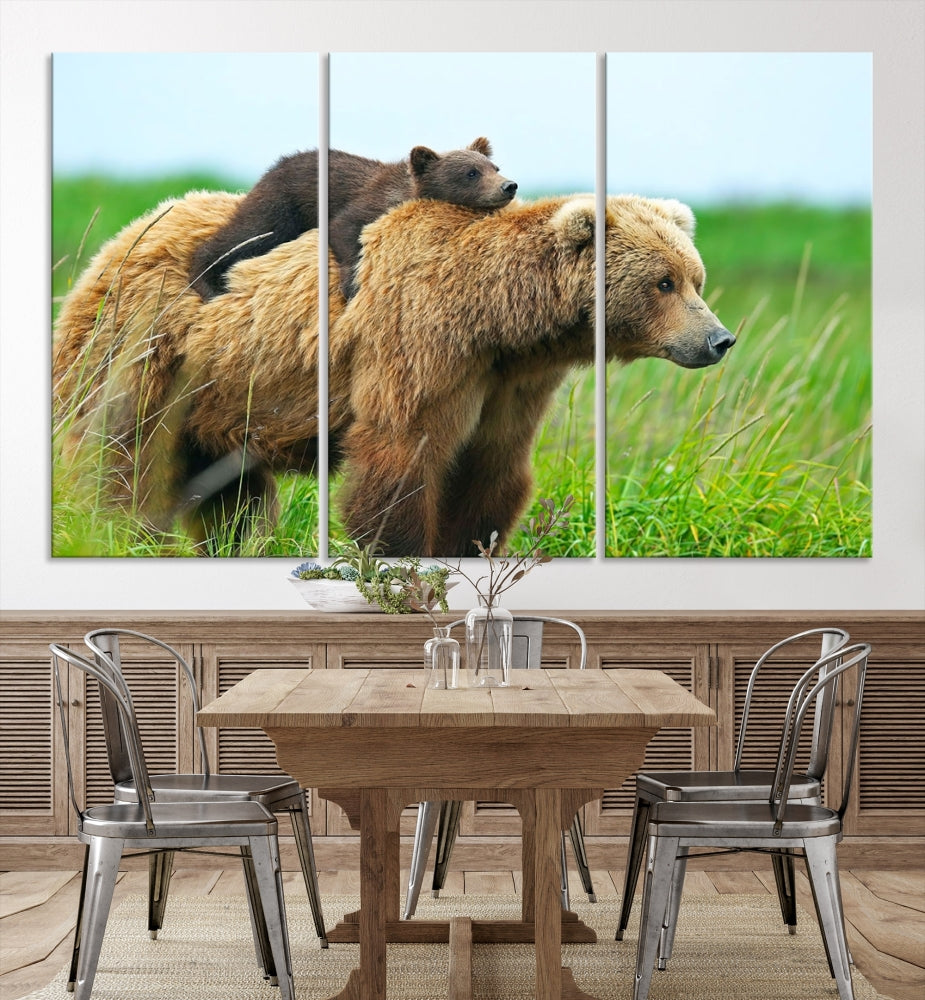 The "Bear and Cub Canvas Print" is a black and white animal wall art piece featuring a gallery wrap and UV-protective coating.