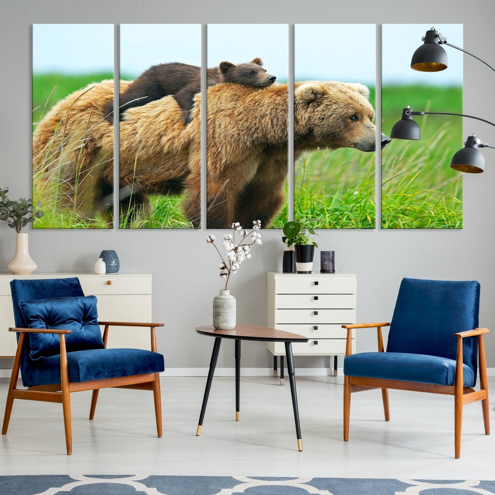 The "Bear and Cub Canvas Print" is a black and white animal wall art piece featuring a gallery wrap and UV-protective coating.