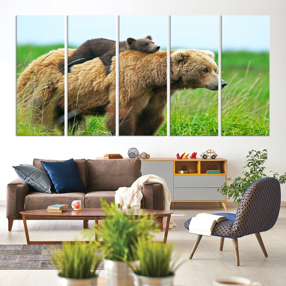 The "Bear and Cub Canvas Print" is a black and white animal wall art piece featuring a gallery wrap and UV-protective coating.