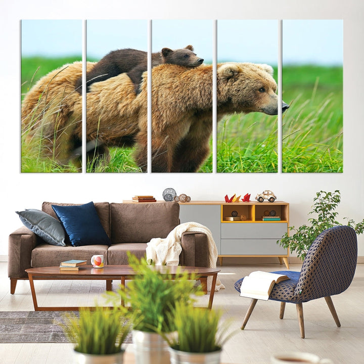 The "Bear and Cub Canvas Print" is a black and white animal wall art piece featuring a gallery wrap and UV-protective coating.