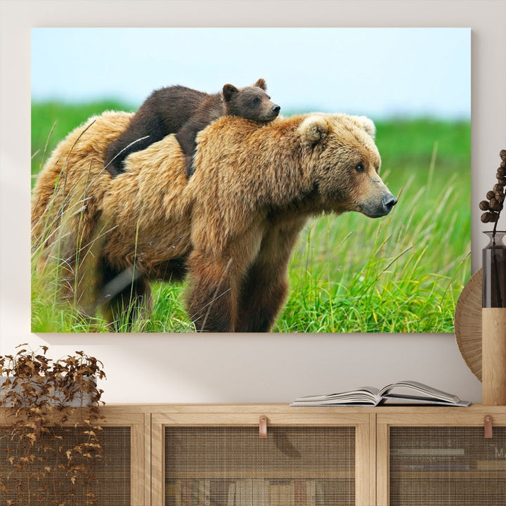 The "Bear and Cub Canvas Print" is a black and white animal wall art piece featuring a gallery wrap and UV-protective coating.