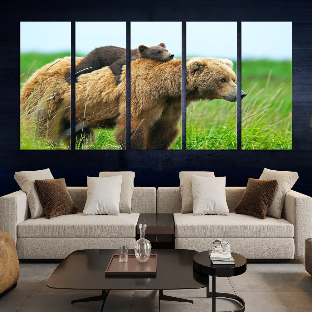 The "Bear and Cub Canvas Print" is a black and white animal wall art piece featuring a gallery wrap and UV-protective coating.