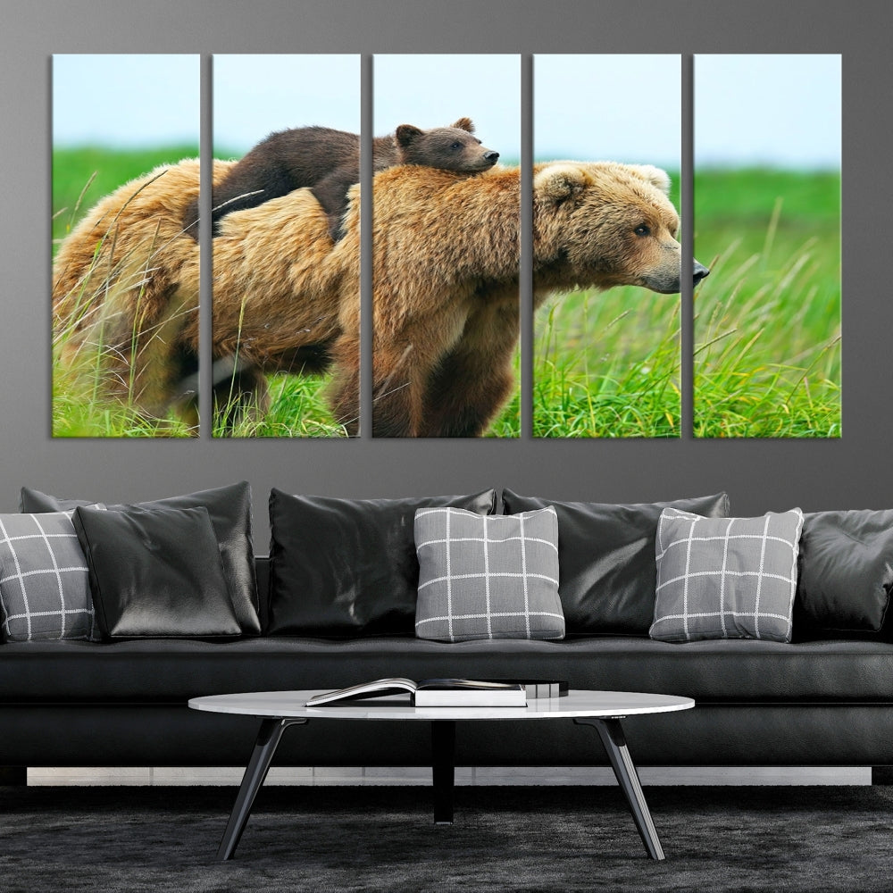 The "Bear and Cub Canvas Print" is a black and white animal wall art piece featuring a gallery wrap and UV-protective coating.