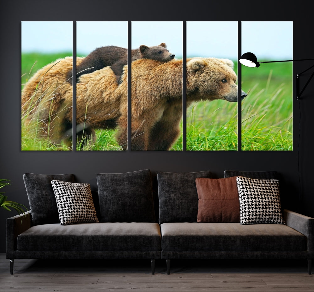 The "Bear and Cub Canvas Print" is a black and white animal wall art piece featuring a gallery wrap and UV-protective coating.