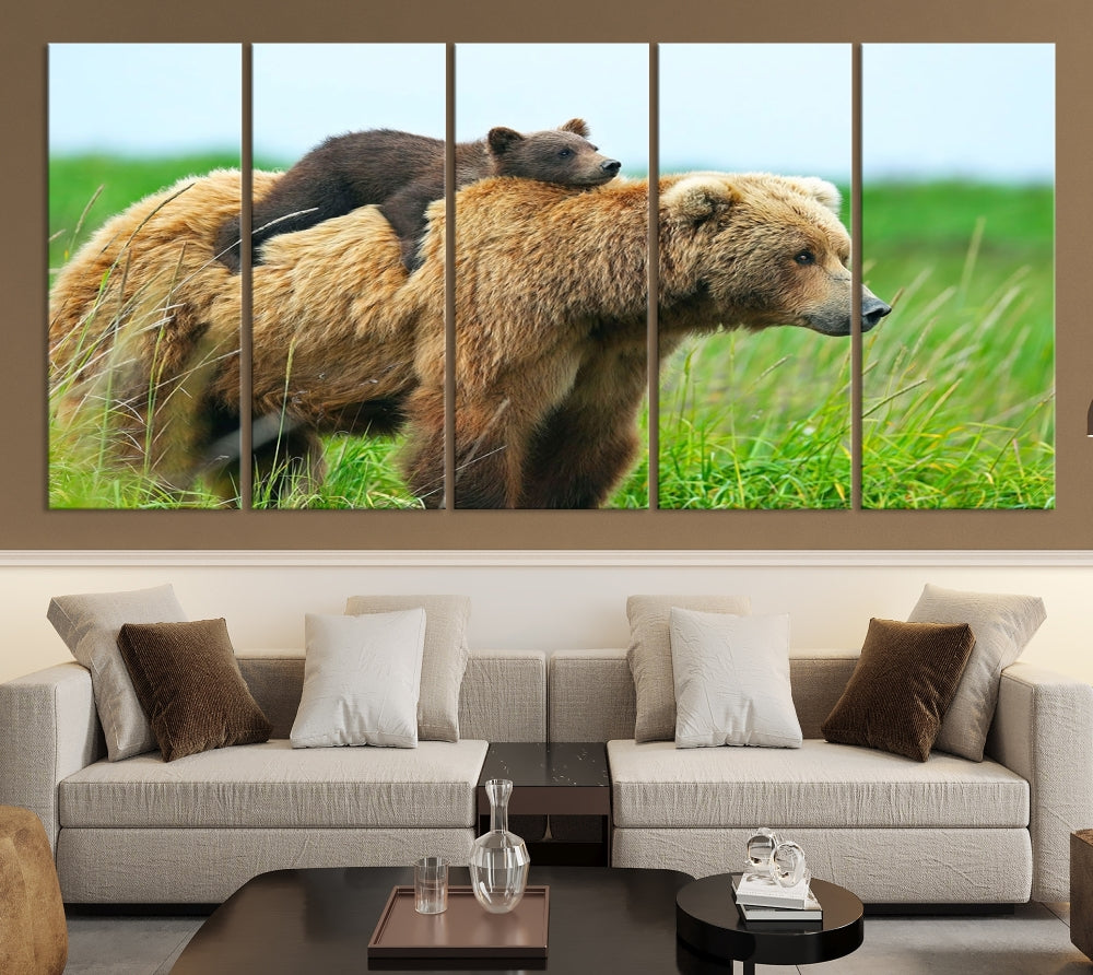 The "Bear and Cub Canvas Print" is a black and white animal wall art piece featuring a gallery wrap and UV-protective coating.