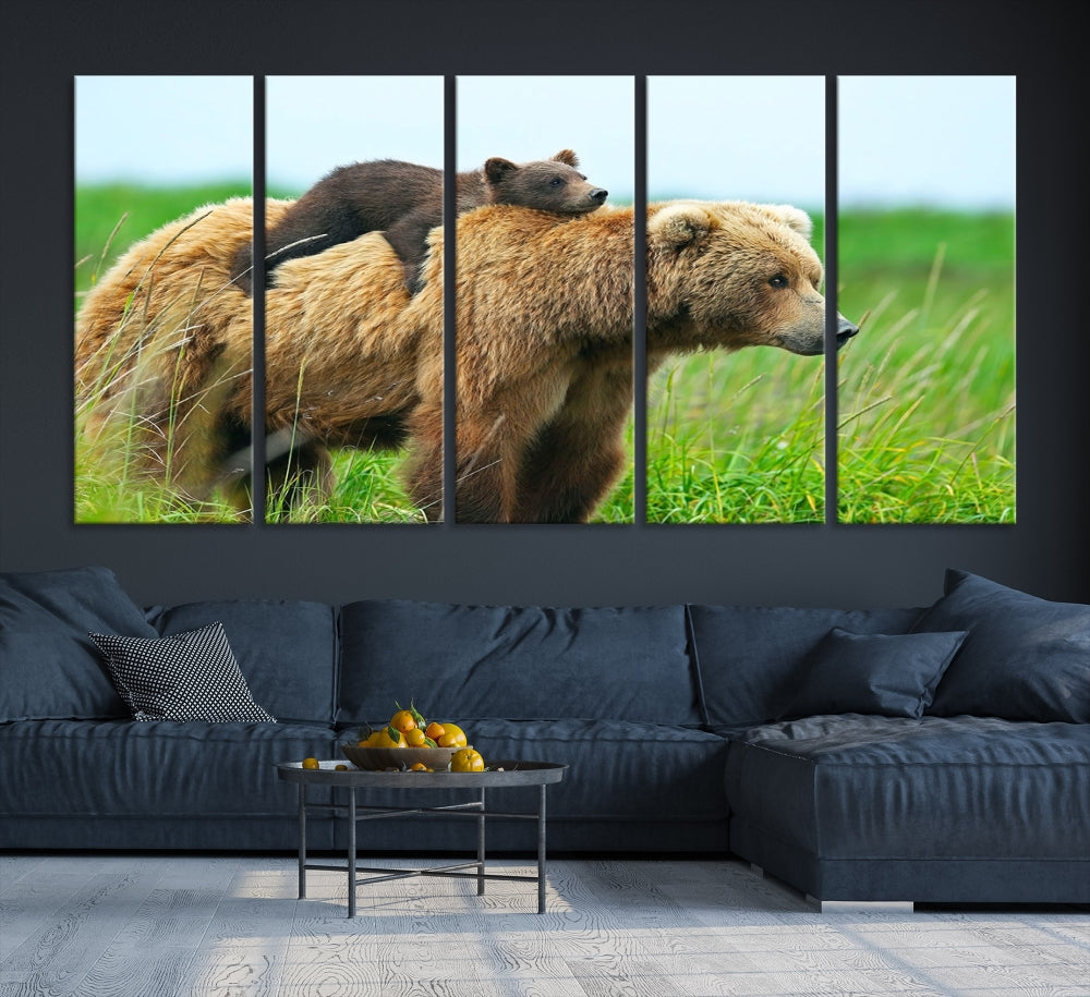 The "Bear and Cub Canvas Print" is a black and white animal wall art piece featuring a gallery wrap and UV-protective coating.