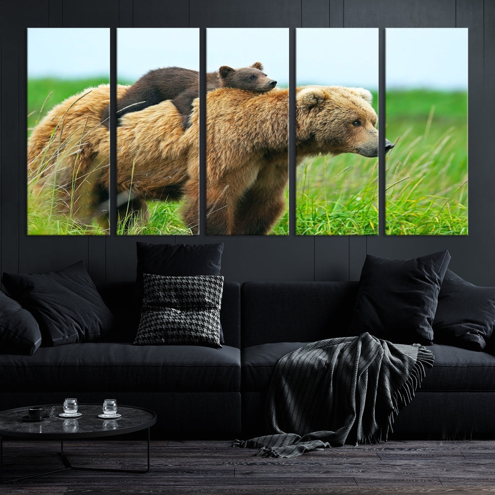 The "Bear and Cub Canvas Print" is a black and white animal wall art piece featuring a gallery wrap and UV-protective coating.