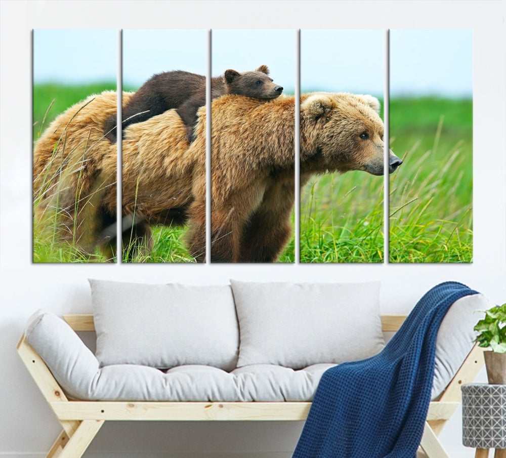 The "Bear and Cub Canvas Print" is a black and white animal wall art piece featuring a gallery wrap and UV-protective coating.